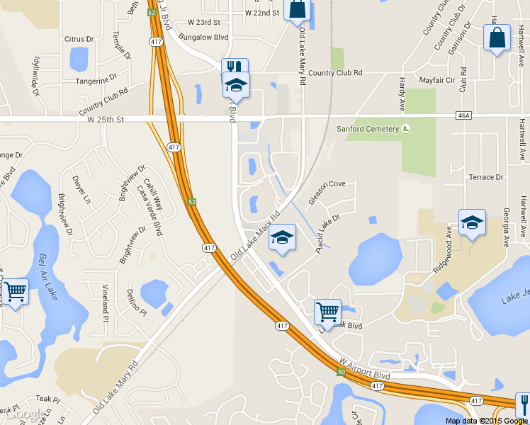 map of restaurants, bars, coffee shops, grocery stores, and more near 1325 South Pine Ridge Circle in Sanford