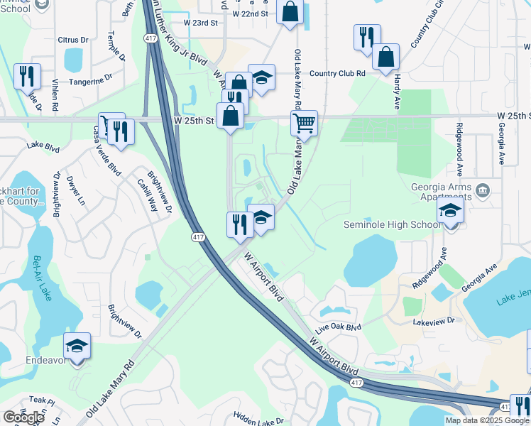 map of restaurants, bars, coffee shops, grocery stores, and more near 1328 South Pine Ridge Circle in Sanford