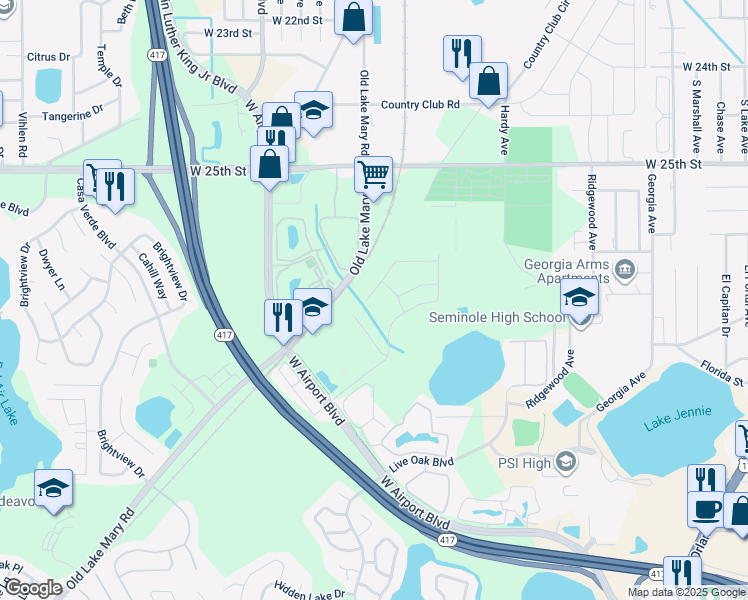 map of restaurants, bars, coffee shops, grocery stores, and more near 157 Gleason Cove in Sanford