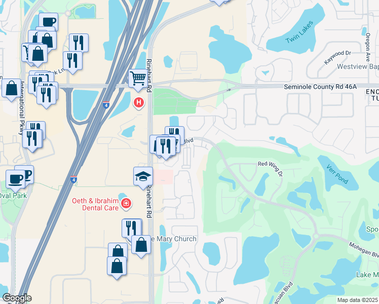 map of restaurants, bars, coffee shops, grocery stores, and more near 710 Camarague Place in Lake Mary