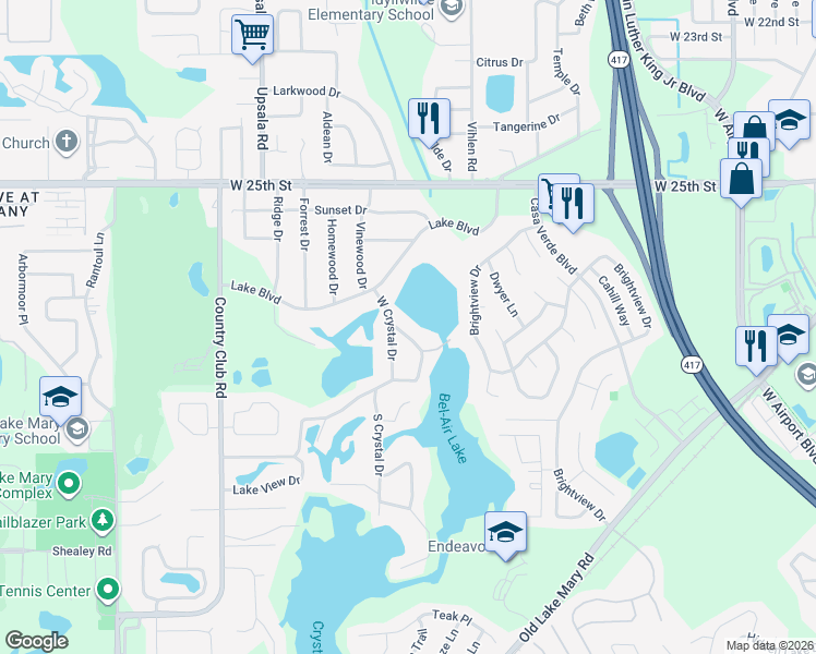 map of restaurants, bars, coffee shops, grocery stores, and more near 303 East Crystal Drive in Sanford