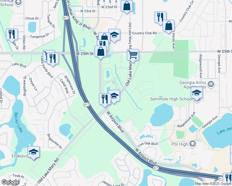 map of restaurants, bars, coffee shops, grocery stores, and more near 1328 South Pine Ridge Circle in Sanford