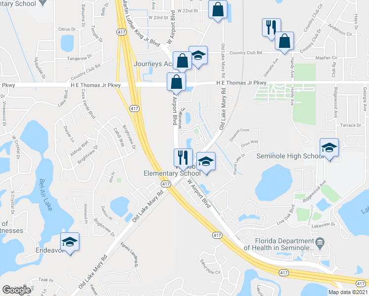 map of restaurants, bars, coffee shops, grocery stores, and more near 928 South Pine Ridge Circle in Sanford