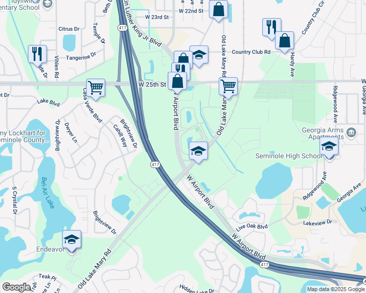 map of restaurants, bars, coffee shops, grocery stores, and more near 928 South Pine Ridge Circle in Sanford