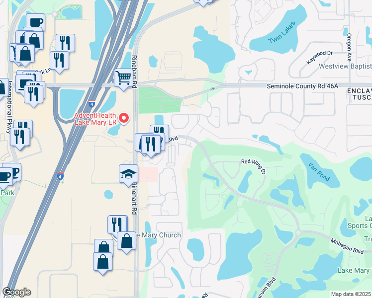 map of restaurants, bars, coffee shops, grocery stores, and more near 710 Camarague Place in Lake Mary