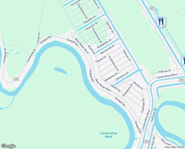 map of restaurants, bars, coffee shops, grocery stores, and more near 6140 Blue Water Boulevard in Bay City