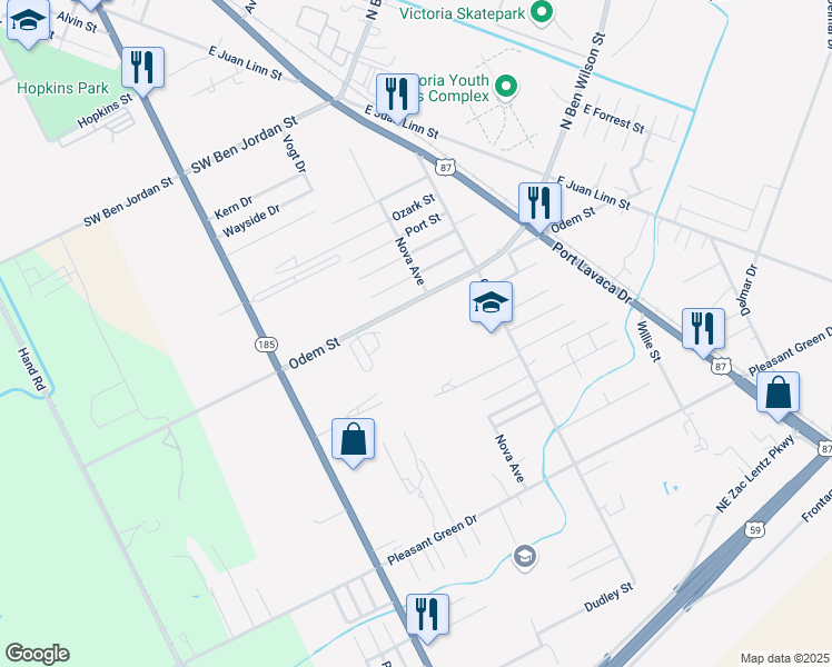 map of restaurants, bars, coffee shops, grocery stores, and more near 2303 Odem Street in Victoria
