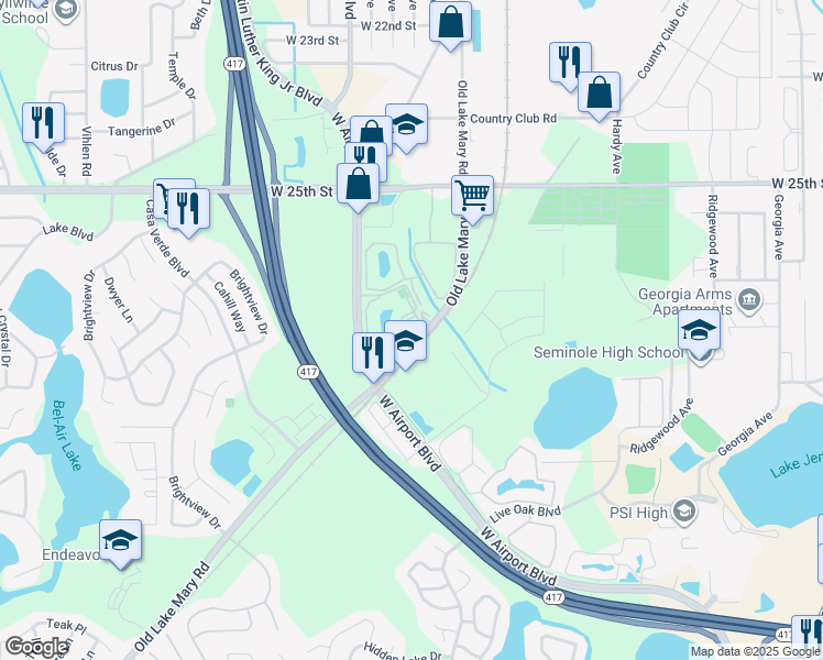 map of restaurants, bars, coffee shops, grocery stores, and more near 1328 South Pine Ridge Circle in Sanford