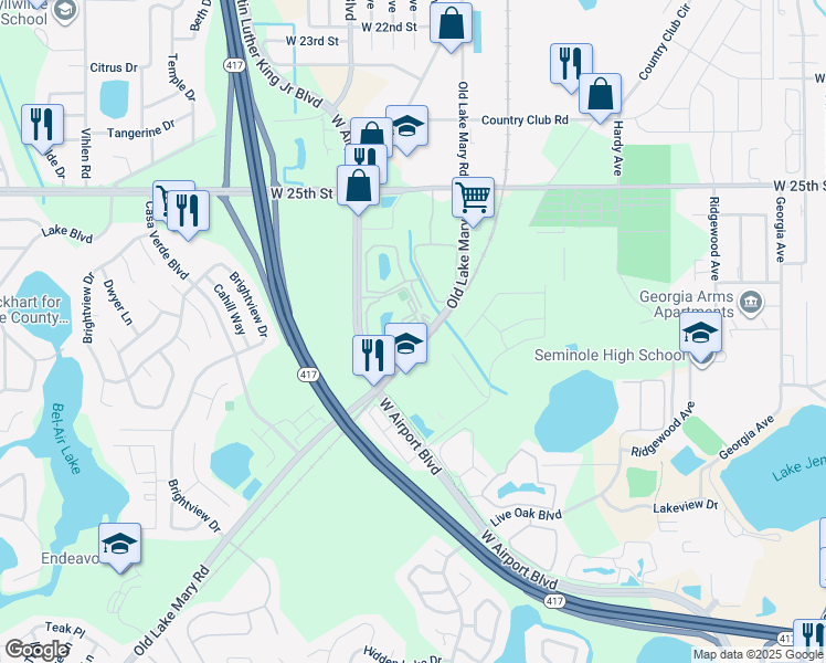 map of restaurants, bars, coffee shops, grocery stores, and more near 1328 South Pine Ridge Circle in Sanford