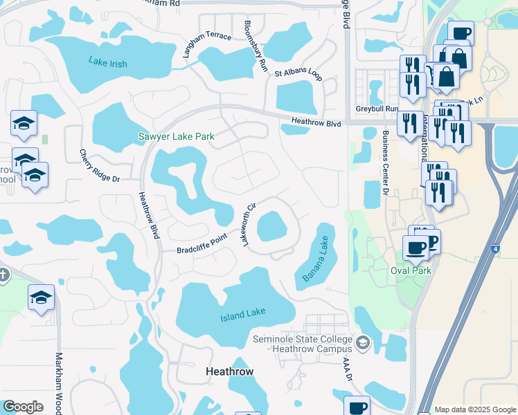 map of restaurants, bars, coffee shops, grocery stores, and more near 829 Lakeworth Circle in Lake Mary