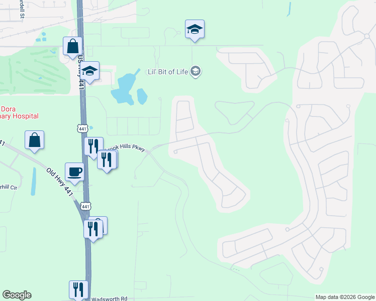 map of restaurants, bars, coffee shops, grocery stores, and more near 6304 Rolden Court in Mount Dora