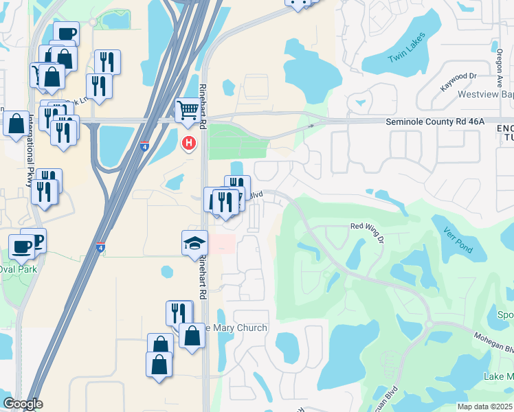 map of restaurants, bars, coffee shops, grocery stores, and more near 710 Camarague Place in Lake Mary