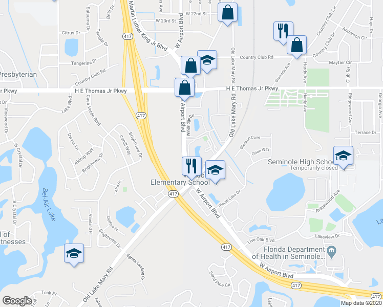 map of restaurants, bars, coffee shops, grocery stores, and more near 1015 South Pine Ridge Circle in Sanford