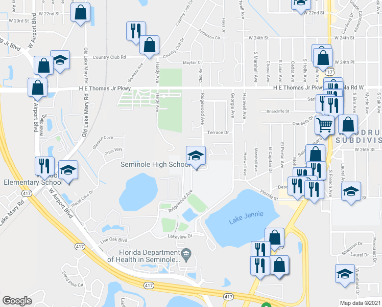 map of restaurants, bars, coffee shops, grocery stores, and more near 2580 Ridgewood Avenue in Sanford
