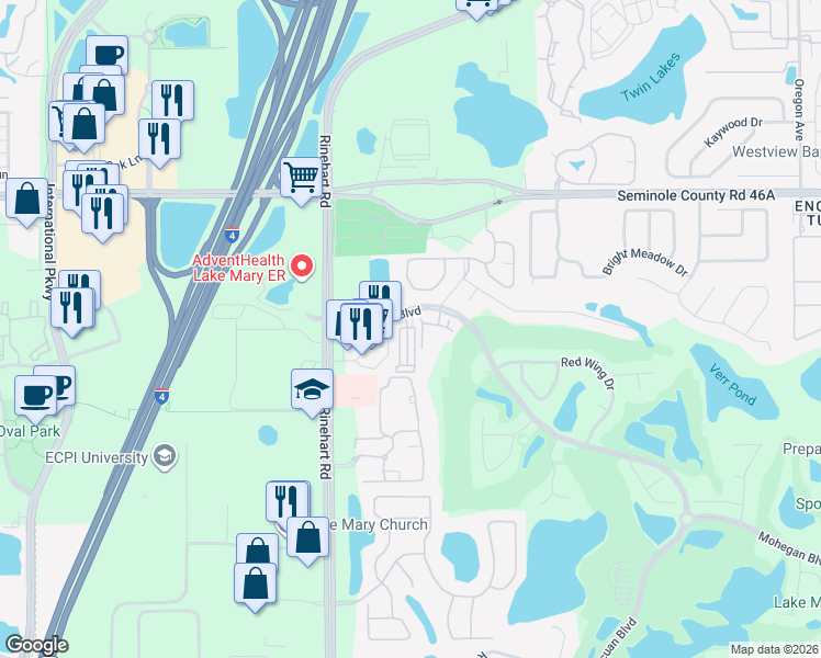 map of restaurants, bars, coffee shops, grocery stores, and more near 710 Camarague Place in Lake Mary