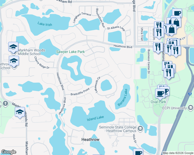 map of restaurants, bars, coffee shops, grocery stores, and more near 852 Lakeworth Circle in Lake Mary