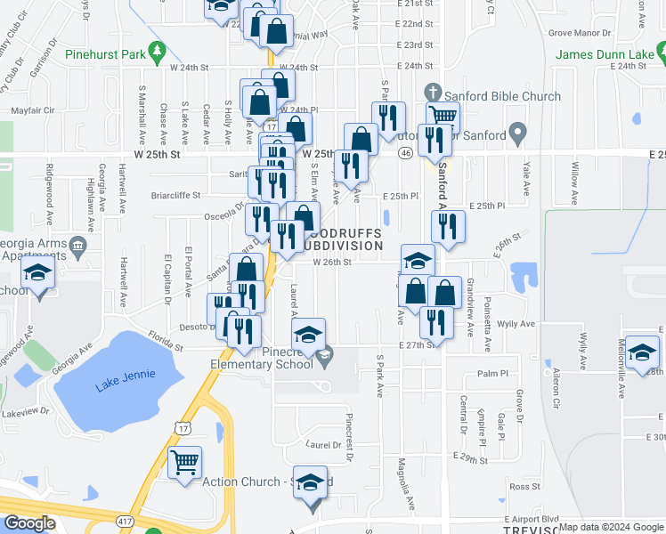 map of restaurants, bars, coffee shops, grocery stores, and more near 301 West 26th Street in Sanford
