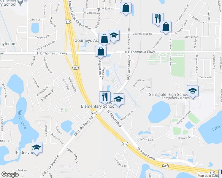 map of restaurants, bars, coffee shops, grocery stores, and more near 1523 South Pine Ridge Circle in Sanford