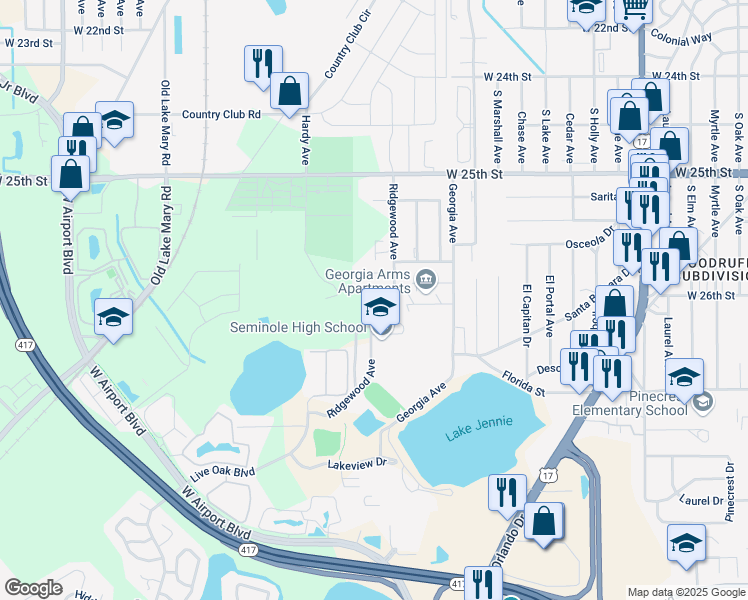 map of restaurants, bars, coffee shops, grocery stores, and more near 2580 Ridgewood Avenue in Sanford