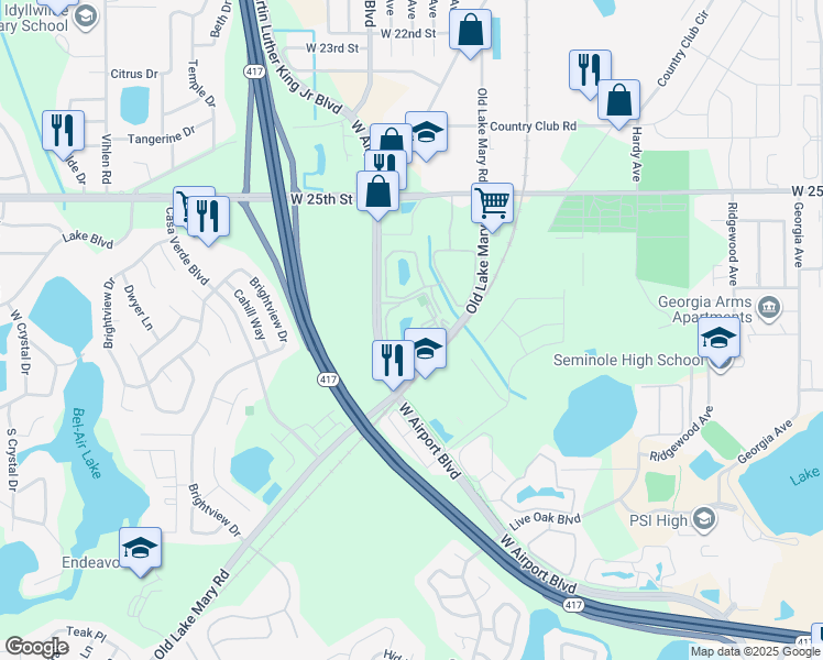 map of restaurants, bars, coffee shops, grocery stores, and more near 928 South Pine Ridge Circle in Sanford