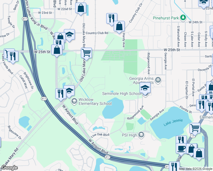 map of restaurants, bars, coffee shops, grocery stores, and more near 353 Placid Lake Drive in Sanford
