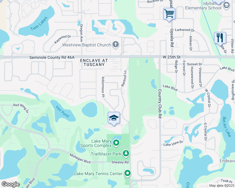 map of restaurants, bars, coffee shops, grocery stores, and more near 823 Blairmont Lane in Lake Mary