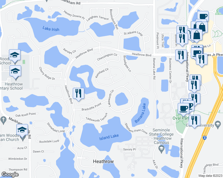 map of restaurants, bars, coffee shops, grocery stores, and more near 846 Lakeworth Circle in Lake Mary