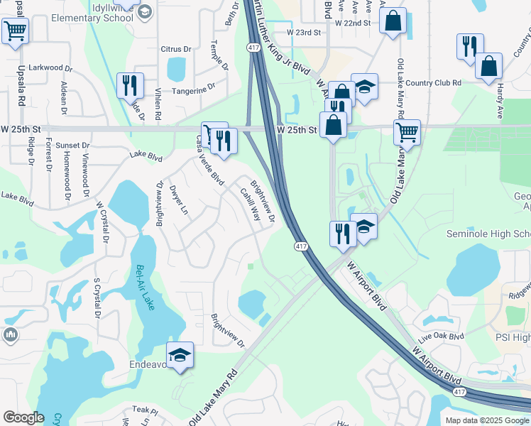 map of restaurants, bars, coffee shops, grocery stores, and more near 556 Brightview Drive in Lake Mary