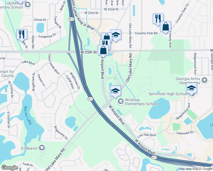 map of restaurants, bars, coffee shops, grocery stores, and more near 928 South Pine Ridge Circle in Sanford
