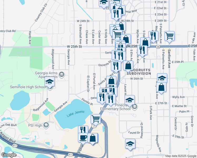 map of restaurants, bars, coffee shops, grocery stores, and more near 2544 Mohawk Avenue in Sanford