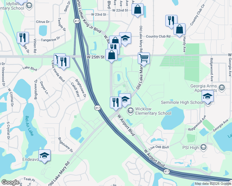 map of restaurants, bars, coffee shops, grocery stores, and more near 928 South Pine Ridge Circle in Sanford