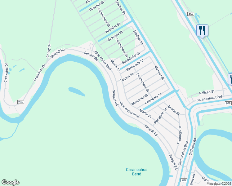 map of restaurants, bars, coffee shops, grocery stores, and more near 6140 Blue Water Boulevard in Bay City