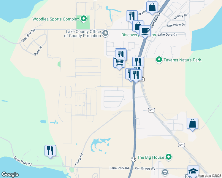 map of restaurants, bars, coffee shops, grocery stores, and more near 2393 Tealwood Circle in Tavares