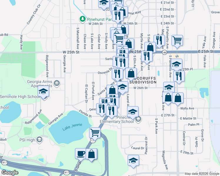 map of restaurants, bars, coffee shops, grocery stores, and more near 707 Santa Barbara Drive in Sanford