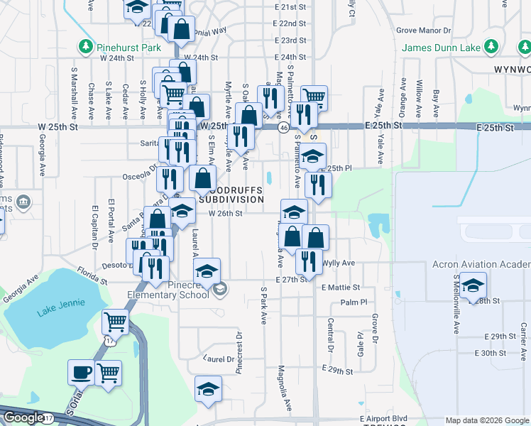 map of restaurants, bars, coffee shops, grocery stores, and more near 2575 Park Drive in Sanford