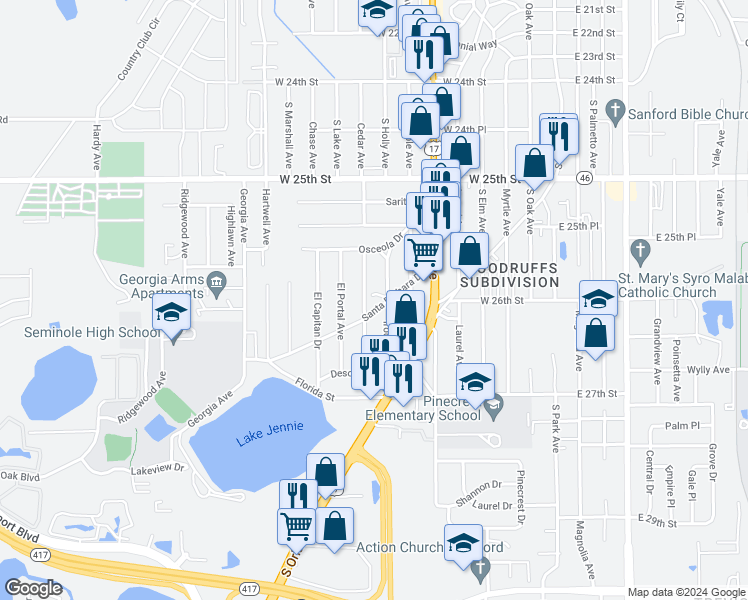 map of restaurants, bars, coffee shops, grocery stores, and more near 2544 Mohawk Avenue in Sanford