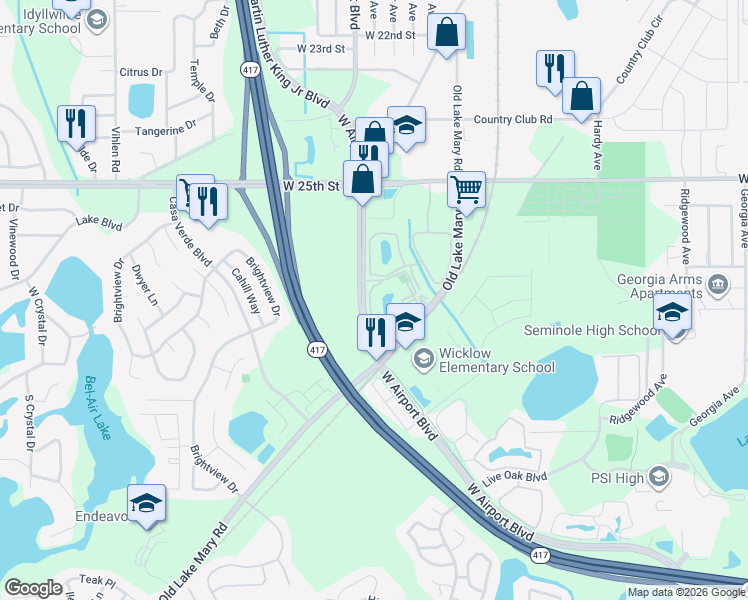 map of restaurants, bars, coffee shops, grocery stores, and more near 928 South Pine Ridge Circle in Sanford