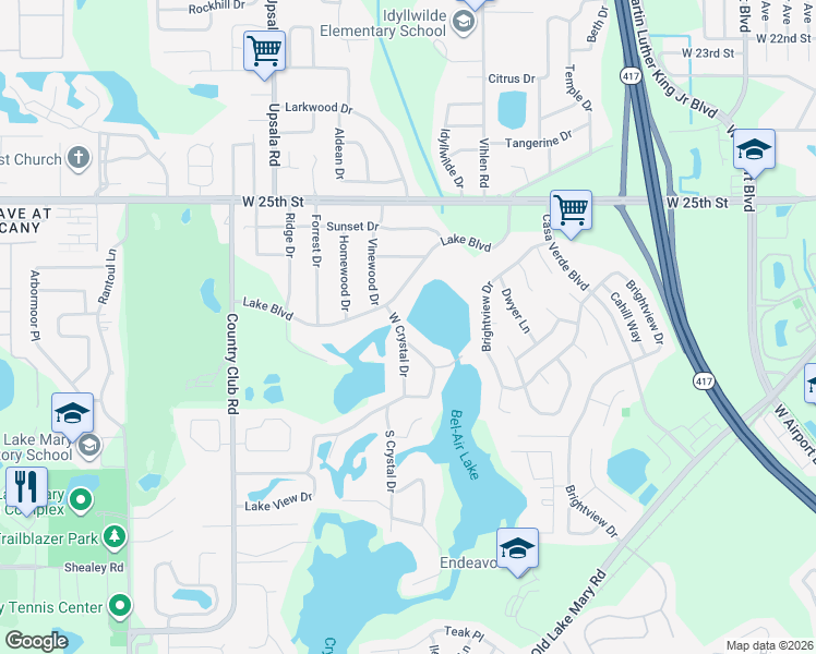 map of restaurants, bars, coffee shops, grocery stores, and more near 303 East Crystal Drive in Sanford