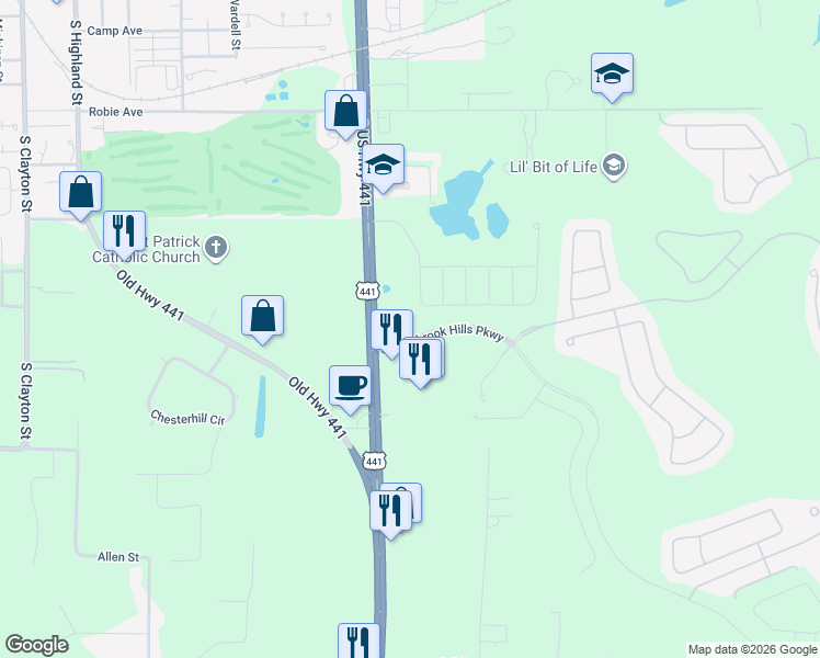 map of restaurants, bars, coffee shops, grocery stores, and more near 6551 Stoneybrook Hills Parkway in Mount Dora
