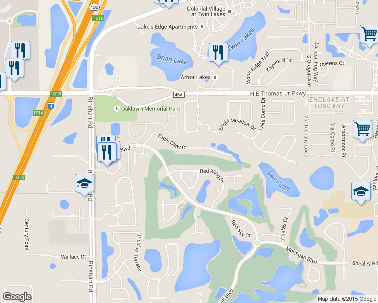 map of restaurants, bars, coffee shops, grocery stores, and more near 845 Eagle Claw Court in Lake Mary