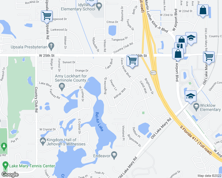 map of restaurants, bars, coffee shops, grocery stores, and more near 2577 Acuna Court in Lake Mary