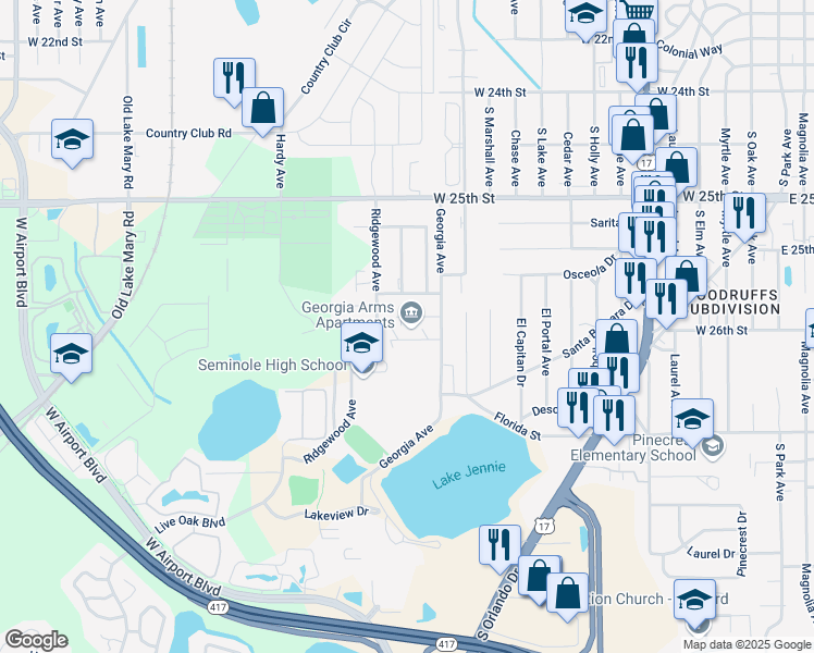 map of restaurants, bars, coffee shops, grocery stores, and more near 2530 Georgia Avenue in Sanford