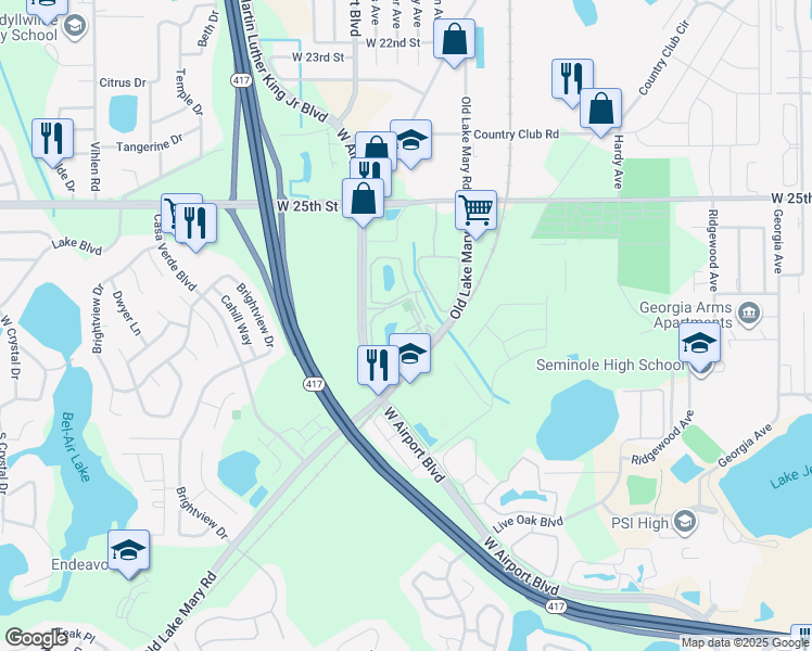 map of restaurants, bars, coffee shops, grocery stores, and more near 1613 South Pine Ridge Circle in Sanford