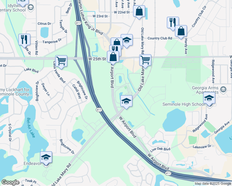 map of restaurants, bars, coffee shops, grocery stores, and more near 932 South Pine Ridge Circle in Sanford