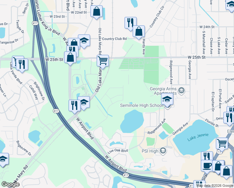 map of restaurants, bars, coffee shops, grocery stores, and more near 110 Orion Way in Sanford