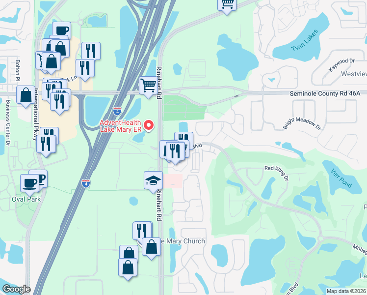 map of restaurants, bars, coffee shops, grocery stores, and more near 181 Timacuan Boulevard in Lake Mary