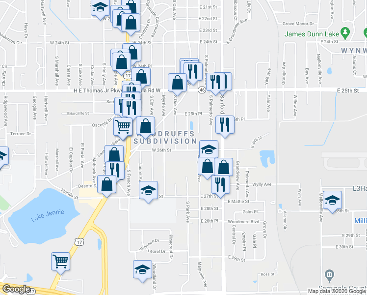 map of restaurants, bars, coffee shops, grocery stores, and more near 2553 South Oak Avenue in Sanford