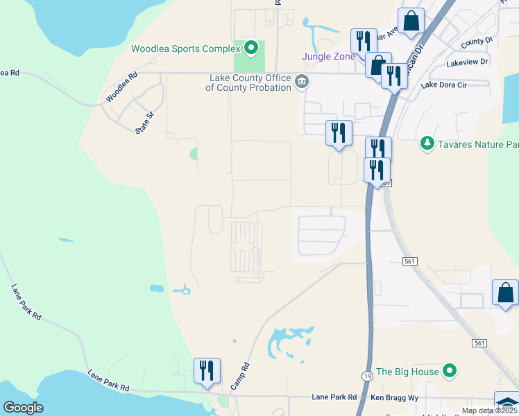 map of restaurants, bars, coffee shops, grocery stores, and more near 2100 Shantiniketan Boulevard in Tavares