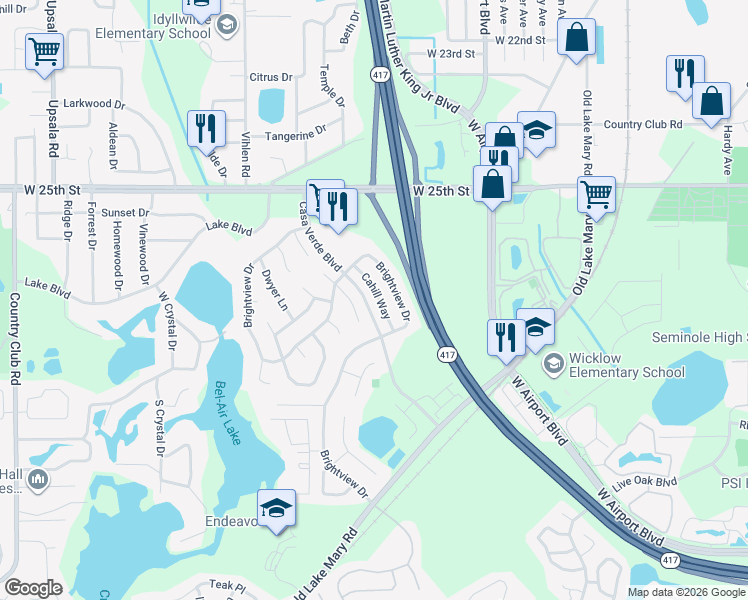 map of restaurants, bars, coffee shops, grocery stores, and more near 2684 Cahill Way in Lake Mary
