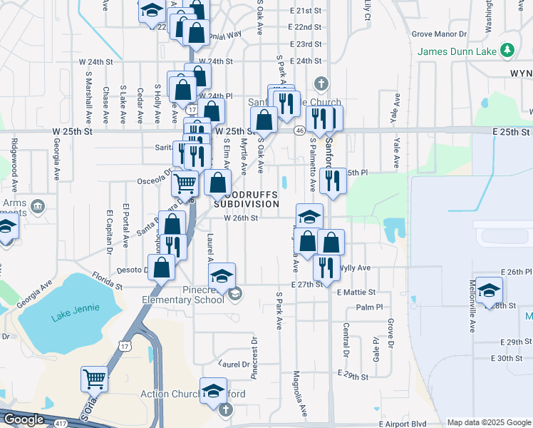 map of restaurants, bars, coffee shops, grocery stores, and more near 2553 South Oak Avenue in Sanford